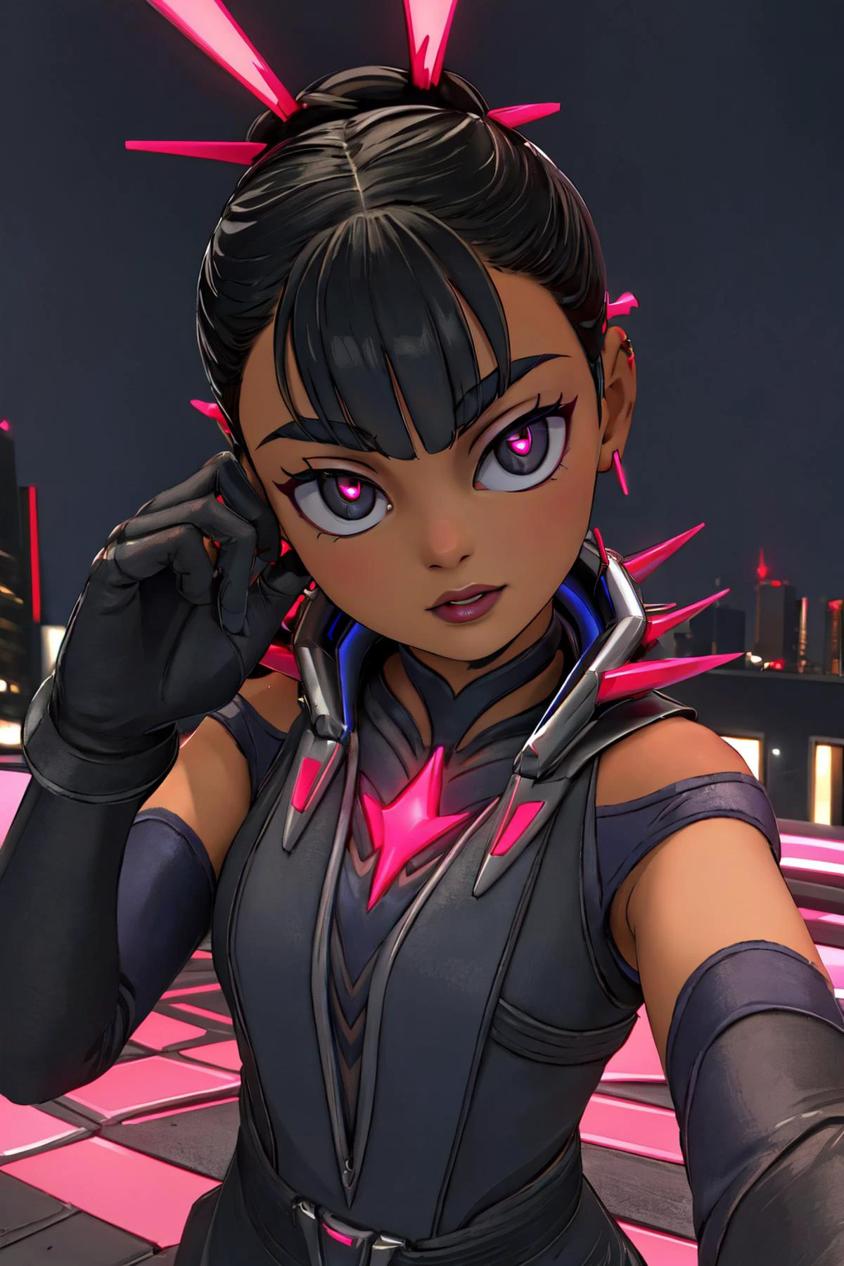 (Masterpiece:1.4), (high quality:1.2), (best quality:1.2), 1girl, solo, night, neon lights, cyber, city, cyberpunk, <lora:Loba_Barbed_Ire:0:0.6>, barb3dir3, black gloves, elbow gloves, black hair, single hair bun, upper body, portrait, hair spikes, looking at viewer