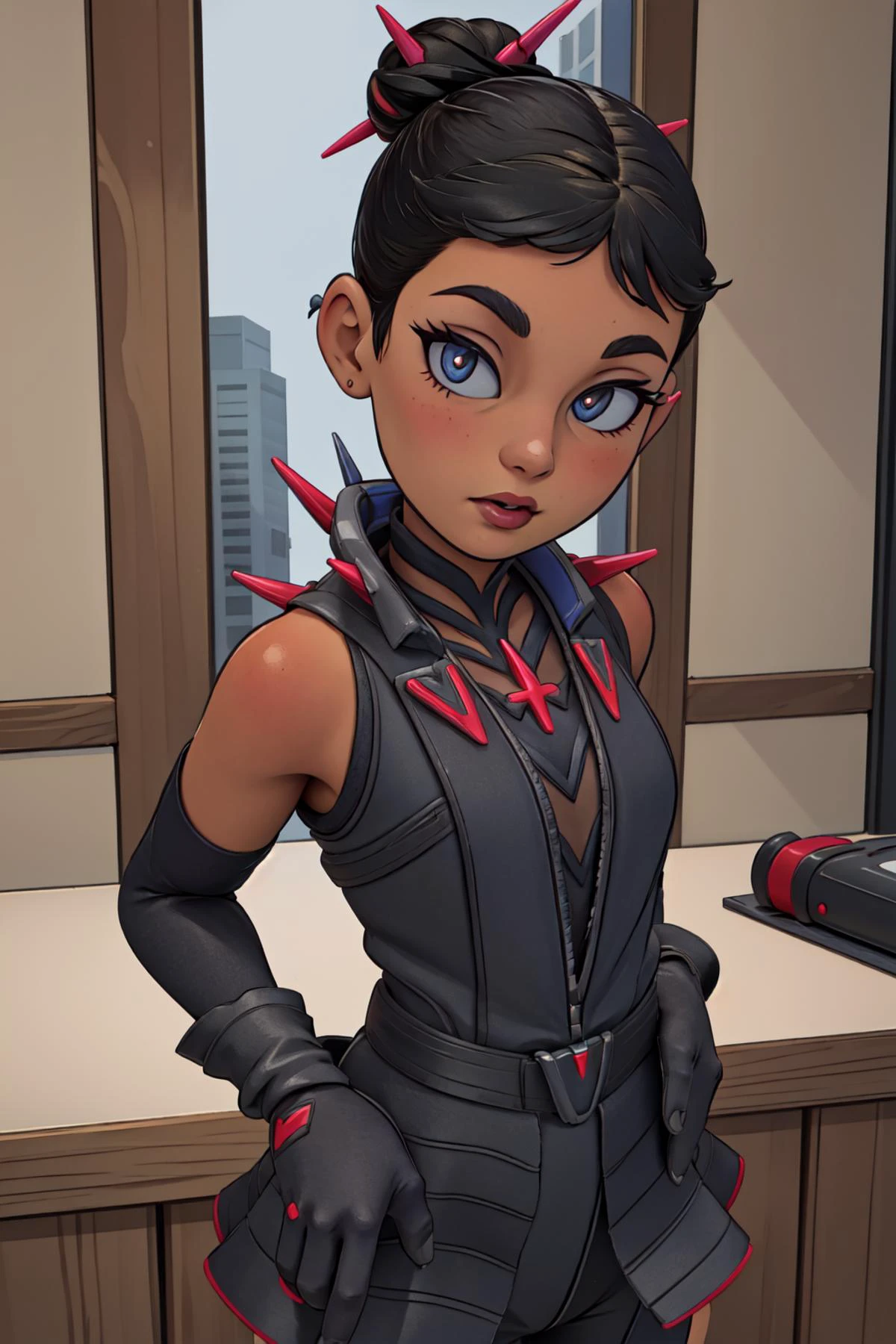 (Masterpiece:1.4), (high quality:1.2), (best quality:1.2), 1girl, solo, <lora:Loba_Barbed_Ire:0:0.5>, barb3dir3, black gloves, elbow gloves, black hair, single hair bun, hair spikes
