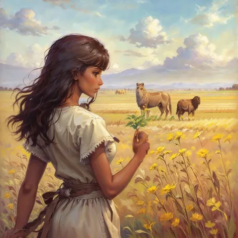 a woman standing in a field, masterpiece, perfect hands<lora:Pierre_Joubert_v2:0.6> pierre_joubert
