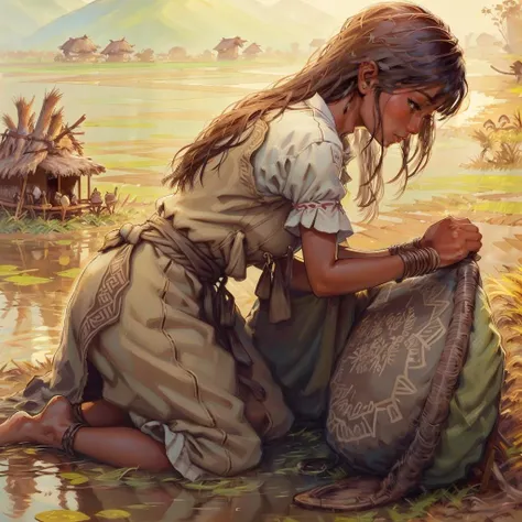 a woman woriking in a rice paddy, masterpiece, perfect hands<lora:Pierre_Joubert_v2:0.8> pierre_joubert