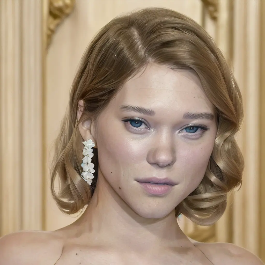 a professional photograph of lea_seydoux, <lora:lea_seydoux_01_768_286samples:1>, long brunette hair, white and gold dress, (smiling:0.5)
