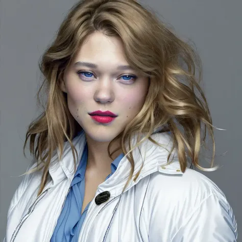 a professional photograph of lea_seydoux, <lora:lea_seydoux_01_768_286samples:1>, long brunette hair, white jacket, blue shirt, (smiling:0.5), red lipstick