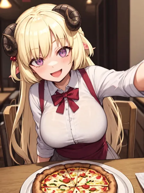 tsunomaki watame, purple eyes, blonde hair, long hair, sheep horns, sheep ears, half updo, large breasts, (smug:0.6), smile, restaurant, pov across table, sparkling eyes, excited, food, pizza, open mouth, droll
BREAK
masterpiece, best quality