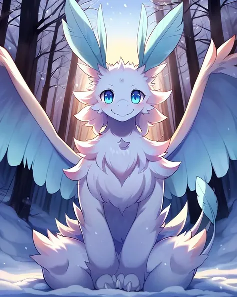 by Whooo-Ya, by Sskomu \(artist\), by Kakure Eria, (solo furred dragon quivern:1.3), (fluffy, white body, wings, blue eyes, round eyes, blue antennae, feather antennae, white claws, submissive:1.25), BREAK, detailed background, depth of field, shadow, sunlight, ambient silhouette, backlighting,female,whole body,lean on,vagina
