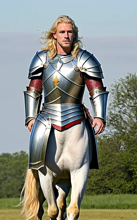 male centaur,((realistic)), photo referenced, highest quality, high quality, (detailed face and eyes:1.1), very beautiful ((centaur)) man, dusk lighting, freckles, (full body), (blonde hair),(((skin details, high detailed skin texture))), ((photorealistic), film grain), armor,white skin, palid skin,caucasian, white horse body,detailed hooves,correct hands, white horse, big horse body,muscular,((wearing a knight armor))