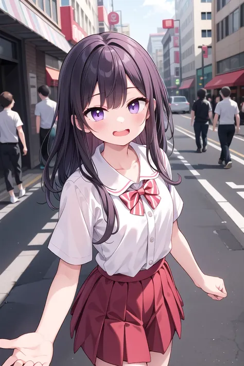 <lora:talkmouth_E_type2_v100:1>
insanely detailed, absurdres, ultra-highres, ultra-detailed, best quality,
1girl, solo, nice hands, perfect hands
BREAK
summer school uniform, (plain dark red skirt with many pleats:1.4), (striped red bowtie:1.3), short sleeves, white shirt, shirt with white button, shirt_tucked_in
    BREAK
    (breast pocket, vest, blazor, long sleeves, checked skirt, striped skirt, striped shirt, striped sleeves, bra visible through clothes, skirt with frill:-1)
BREAK
(nsfw:-1.5)
BREAK
smile, open mouth
BREAK
from above,
standing, cowboy shot, looking at viewer
BREAK
slender, kawaii, perfect symmetrical face, ultra cute girl, ultra cute face, ultra detailed eyes, ultra detailed hair, ultra cute, ultra beautiful
BREAK
in street, cityscape in harajuku, depth of field, ultra detailed background
BREAK
medium breasts
BREAK
purple hair, purple eyes, messy hair,