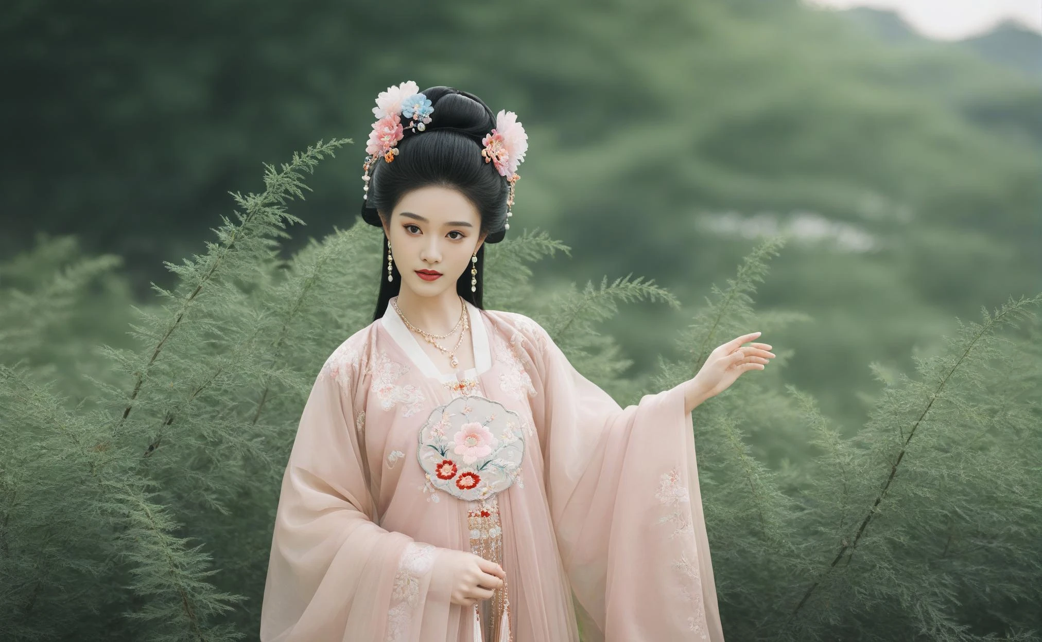 masterpiece,best quality,8K,official art,ultra high res,1girl,looking at viewer,chinese clothes,hanfu,jewelry,hair ornament,upper body,solo,earrings,hyper_galaxy,torii,flower,black hair,necklace,teeth,hair bun,dress,parted lips,hair flower,((full body)),dress,hanfu,embroidery,exquisite,meticulous,(tulle:1.4),flower field,1980s anime,