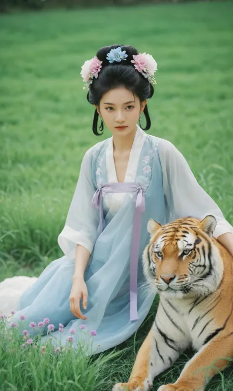 best quality,masterpiece,dynamic angle,highest detailed,Maid of Honor,1 girl in blue Chinese dress,sitting on tiger,hair ornament on head,bare feet,black hair bun,long light purple ribbon,auspicious clouds,flowers,green grass,green rockery,