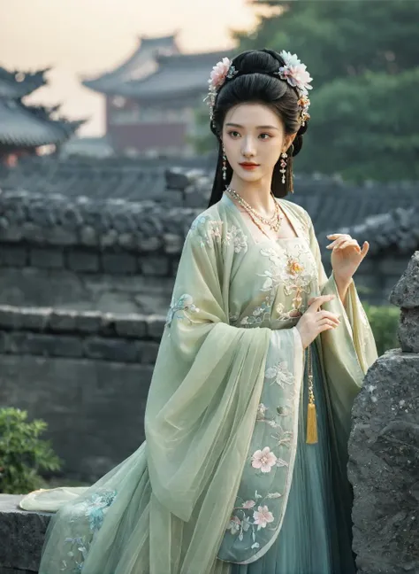 masterpiece,best quality,8K,official art,ultra high res,1girl,looking at viewer,chinese clothes,hanfu,jewelry,hair ornament,upper body,solo,earrings,night_sky,rubble_ruins,flower,black hair,necklace,teeth,hair bun,dress,parted lips,hair flower,((full body)),dress,hanfu,embroidery,exquisite,meticulous,(tulle:1.4),