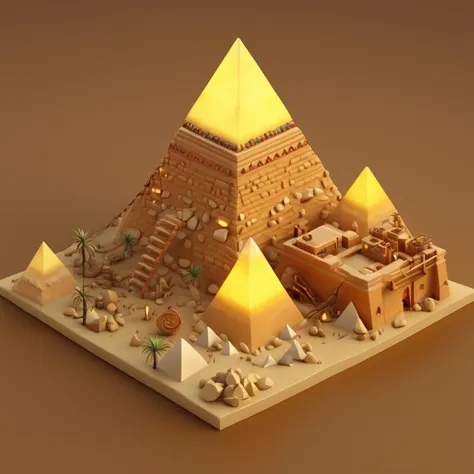 IsometricDesert, brown background, vase, night, glowing, floating island, yellow background, 3d, three pyramids, ladder, fire   <lora:IsometricDesertXL:1>,