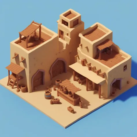 from above,  IsometricDesert, village, no humans, window, scenery, stairs, door, carpet, barrel, rug, blue background, simple background,  <lora:IsometricDesertXL:0.8>,