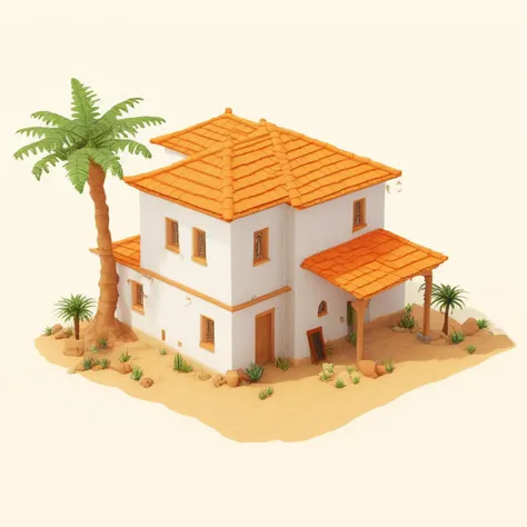 ((masterpiece, best quality)), high resolution, highly detailed, 32k picture, realistic,  IsometricDesert, tree, no humans, window, plant, stairs, palm tree, door, potted plant, white walls, orange roof, tile roof,   desert,  <lora:IsometricDesertXL:0.8>,