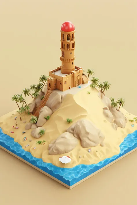 ((masterpiece, best quality)), high resolution, highly detailed,  realistic,   IsometricDesert, simple background, tree, no humans, beach, sand, palm tree, island, tower, dome, platform,   <lora:IsometricDesertXL:0.8>,