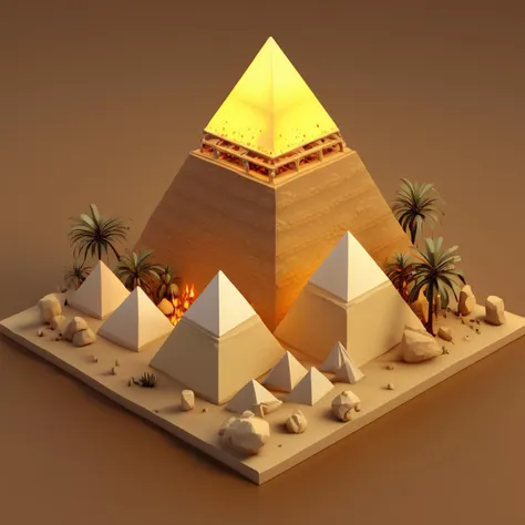 IsometricDesert, brown background, vase, night, glowing, floating island, yellow background, 3d, three pyramids, ladder, fire   <lora:IsometricDesertXL:1>,