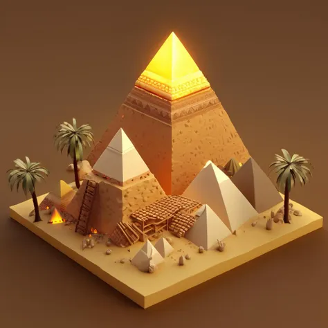 IsometricDesert, brown background, vase, night, glowing, floating island, yellow background, 3d, three pyramids, ladder, fire   <lora:IsometricDesertXL:1>,