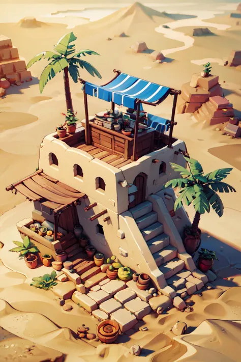 ((masterpiece,best quality)), absurdres, <lora:IsometricDesert:0.8>, IsometricDesert, outdoors, day, tree, no humans, fruit, crate, pot,  sand, palm tree, desert, stairs, blue cloth,