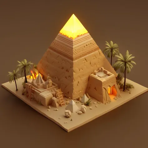 IsometricDesert, brown background, vase, night, glowing, floating island, yellow background, 3d, three pyramids, ladder, fire   <lora:IsometricDesertXL:1>,