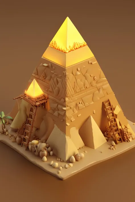 IsometricDesert, brown background, vase, night, glowing, floating island, yellow background, 3d, three pyramids, ladder, fire   <lora:IsometricDesertXL:1>,