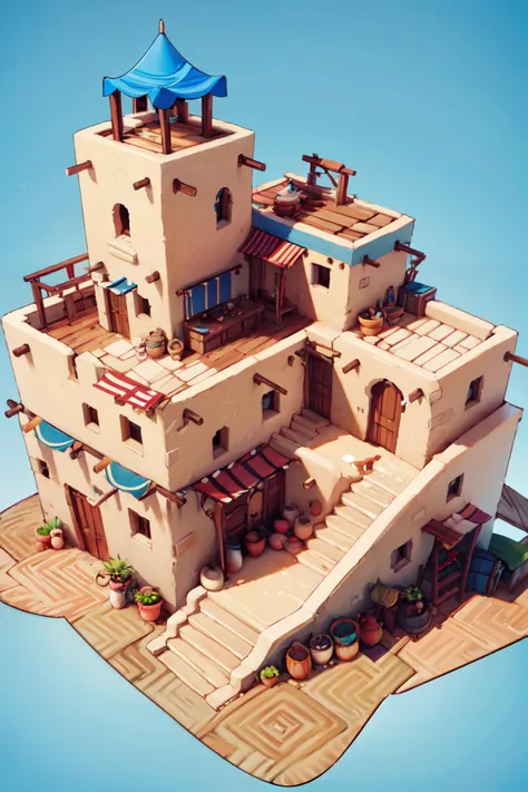 ((masterpiece,best quality)), absurdres, <lora:IsometricDesert:0.8>,  from above,  IsometricDesert, village, no humans, window, scenery, stairs, door, carpet, barrel, rug, blue background, simple background,