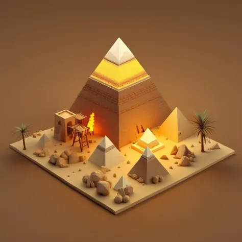 IsometricDesert, brown background, vase, night, glowing, floating island, yellow background, 3d, three pyramids, ladder, fire   <lora:IsometricDesertXL:1>,