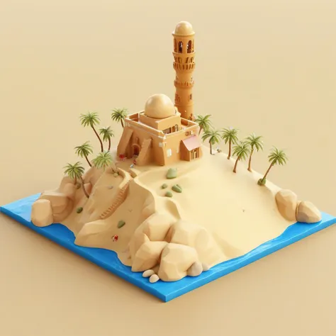 ((masterpiece, best quality)), high resolution, highly detailed, 32k picture, realistic,   IsometricDesert, simple background, tree, no humans, beach, sand, palm tree, island, tower, dome, platform,   desert,  <lora:IsometricDesertXL:0.8>,