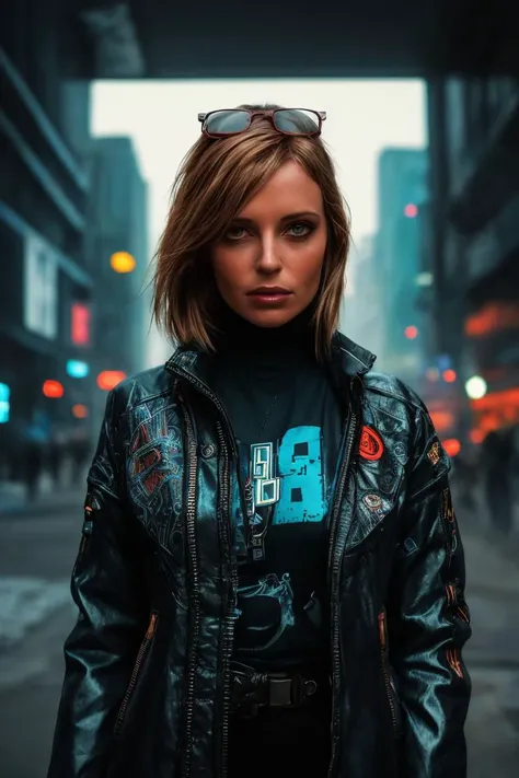 A stunning intricate full color portrait of a woman,wearing a cool cyberpunk outfit,cyberpunk landscape in the background, happy, epic character composition,by ilya kuvshinov, alessio albi, nina masic,sharp focus, natural lighting, subsurface scattering, f2, 35mm, film grain , (straight hair) <lora:DidoA:1>