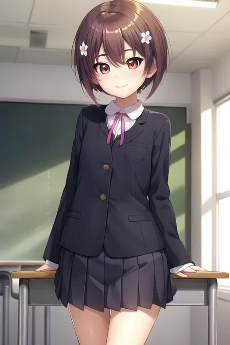 ((masterpiece)),(best quality),official art,extremely detailed CG,unity 8k wallpaper,ultra detailed,beautiful detailed eyes,extremely detailed face,classroom,1girl,solo,cowboy shot,looking at viewer,facing viewer,smile,(petite:1.3),Toireno Hanako,short hair,brown hair,hair flower,hair ornament,sidelocks,hair between eyes,red eyes,school uniform,blazer,black jacket,pink ribbon,white shirt,collared shirt,sleeves past wrists,long sleeves,small breasts,black dress,pleated skirt,black socks,uwabaki,<lora:Toireno Hanako(sk)>,