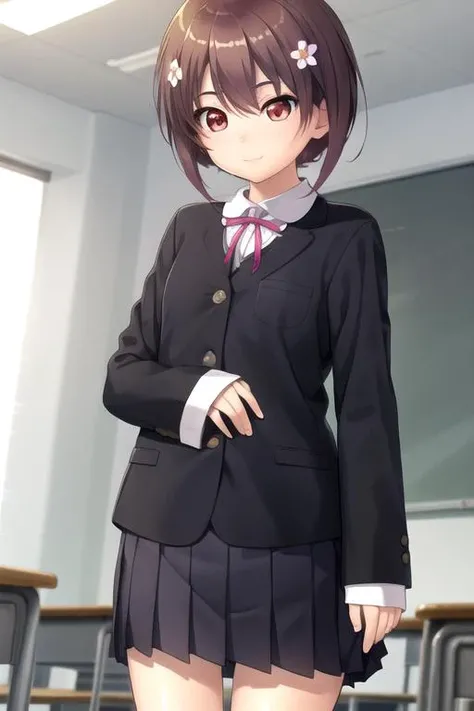 ((masterpiece)),(best quality),official art,extremely detailed CG,unity 8k wallpaper,ultra detailed,beautiful detailed eyes,extremely detailed face,classroom,1girl,solo,cowboy shot,looking at viewer,facing viewer,smile,(petite:1.3),Toireno Hanako,short hair,brown hair,hair flower,hair ornament,sidelocks,hair between eyes,red eyes,school uniform,blazer,black jacket,pink ribbon,white shirt,collared shirt,sleeves past wrists,long sleeves,small breasts,black dress,pleated skirt,black socks,uwabaki,<lora:Toireno Hanako(sk)>,