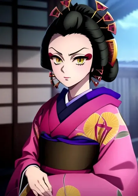 <lora:Daki-04:0.8>Daki,1girl, solo, looking at viewer, black hair, hair ornament, closed mouth, yellow eyes, japanese clothes, kimono, makeup, lipstick, hair stick, pink kimono, (perfect eyes)