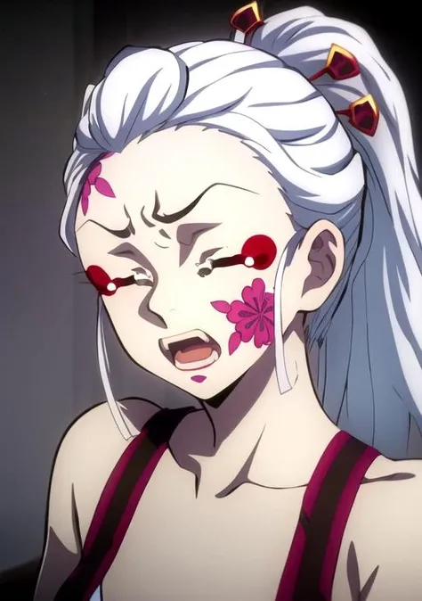 <lora:Daki-04:0.7>,Daki, 1girl, solo, long hair, open mouth, hair ornament, collarbone, closed eyes, ponytail, white hair, teeth, tears, makeup, facial mark, crying, clenched hands, veins, hair pulled back, (perfect eyes)