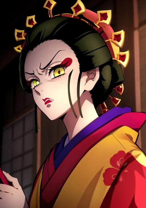 <lora:Daki-04:0.7>,Daki, 1girl, solo, looking at viewer, black hair, hair ornament, jewelry, closed mouth, green eyes, yellow eyes, japanese clothes, kimono, makeup, lipstick, slit pupils, glowing eyes, angry, red lips, hair stick