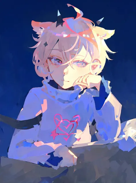 extremely detailed, masterpiece, stars, particles, grey eyes, silver eyes, 1boy, male, solo, smile, pink hair, (animal ears), turtleneck, (symmetrical horns), heart eyes, heart shape symbols, symbol-shaped eyes, ((closed mouth)), lineart, hand on chin