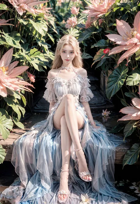 1girl,flower,solo,blonde hair,sitting,long hair,crossed legs,looking at viewer,black eyes,pink flower,plant,water,bangs,petals,breasts,hair ornament,white dress,bare legs,full body,sandals,white flower,barefoot,closed mouth,red flower,outdoors,barefoot_sandals,toes,anklet,Toe down,collarbone,rose,hair flower,blush,kind_smile,sky,legs,jewelry,feet,<lora:e\g
p4_v1.0:0.9>,Cinematic Lighting,available light,Tyndall effect,<lora:add_detail:0.8>,<lora:YFilter_PortraitEnhance_V1:0.3>,<lora:mAQIv2_v1.0:0.7>,<lora:Xian-TbKOY
lora_v3.0:1>,
