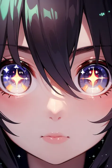 (masterpiece, best quality:1.5), (close-up:1.3), (solo:1.1), portrait of a girl, (detailed glowing eyes:1.25), cinematic light, cinematic shadows, cinematic reflections, intricate details, sparkles, horny, deep space background