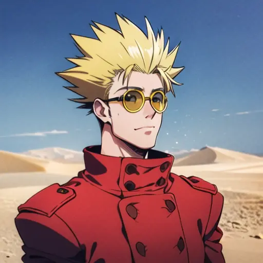 ((1man)), (Vash Stampede), yellow hair, (long red coat:1.0), (yellow eyewear:1.2), standing, (portrait:1.2), desert background, (masterpiece, best quality),  <lora:VashStampede:0.9>