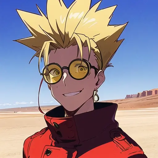 ((1man)), (Vash Stampede), smile, yellow hair, (long red coat:1.0), black trousers, (yellow eyewear, circle eyewear:1.2), standing, (portrait), desert background, (masterpiece, best quality, extremely detailed CG, beautiful detailed eyes, ultra-detailed, detailed face, detailed shadows, ambient occlusion, intricate details), <lora:VashStampede:0.9>