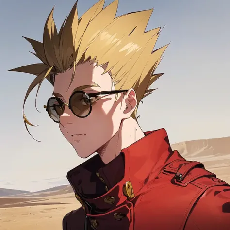 ((1man)), (Vash Stampede), yellow hair, (long red coat:1.0), black trousers, (yellow eyewear, circle eyewear), standing, (portrait), desert background, (masterpiece, best quality, extremely detailed CG, beautiful detailed eyes, ultra-detailed, detailed face, detailed shadows, ambient occlusion, intricate details), <lora:VashStampede:0.8>