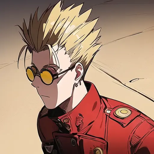 ((1man)), (Vash Stampede), yellow hair, (long red coat:1.0), black trousers, (yellow eyewear, circle eyewear), standing, (portrait), desert background, (masterpiece, best quality, extremely detailed CG, beautiful detailed eyes, ultra-detailed, detailed face, detailed shadows, ambient occlusion, intricate details), <lora:VashStampede:0.8>