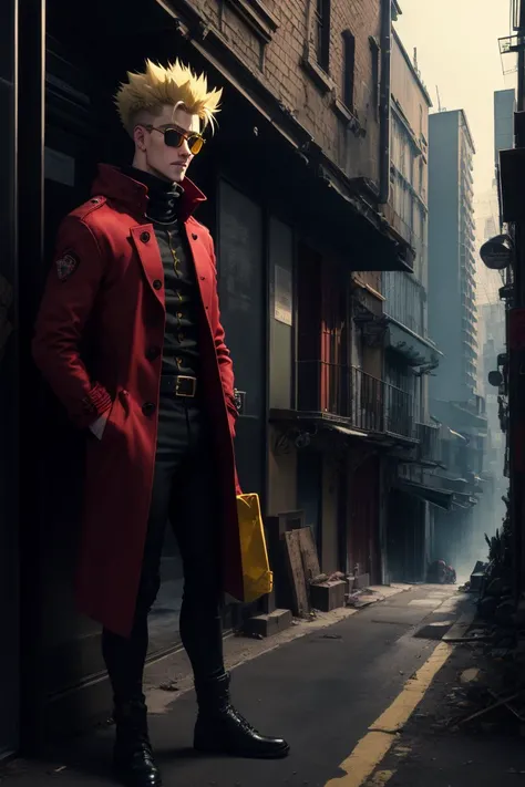 <lora:VashStampede:1>, <lora:LowRA:0.6>, (masterpiece, best quality, ultra-detailed,cinematic scene), extreme detailed,highest detailed, best illumination, 8K,shaded face, ((red coat)), (Vash Stampede), yellow hair, blue eyes glowing, black trousers, yellow eyewear, yellow glasses, circle eyewear, looks at viewer, smirk, sandstorm, deserted city, looks through glasses