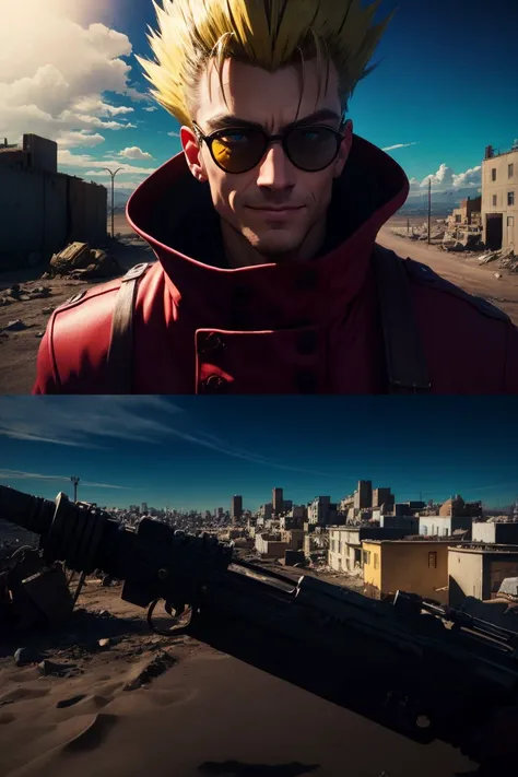 <lora:VashStampede:1>, <lora:LowRA:0.6>, (masterpiece, best quality, ultra-detailed,cinematic scene), extreme detailed,highest detailed, best illumination, 8K,shaded face, ((red coat)), (Vash Stampede), yellow hair, blue eyes glowing, black trousers, yellow eyewear, yellow glasses, circle eyewear, looks at viewer, smirk, sandstorm, deserted city, looks through glasses