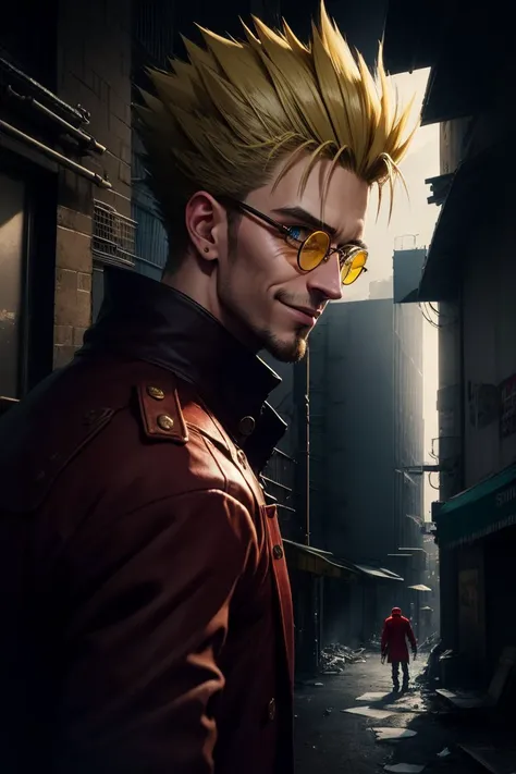 <lora:VashStampede:1>, <lora:LowRA:0.6>, (masterpiece, best quality, ultra-detailed,cinematic scene), extreme detailed,highest detailed, best illumination, 8K,shaded face, ((red coat)), (Vash Stampede), yellow hair, blue eyes glowing, black trousers, yellow eyewear, yellow glasses, circle eyewear, looks at viewer, smirk, sandstorm, deserted city, looks through glasses