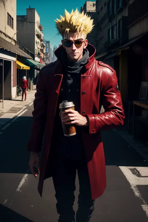 <lora:VashStampede:1>, <lora:LowRA:0.6>, (masterpiece, best quality, ultra-detailed,cinematic scene), extreme detailed,highest detailed, best illumination, 8K,shaded face, ((red coat)), (Vash Stampede), yellow hair, blue eyes glowing, black trousers, yellow eyewear, yellow glasses, circle eyewear, looks at viewer, smirk, sandstorm, deserted city, looks through glasses