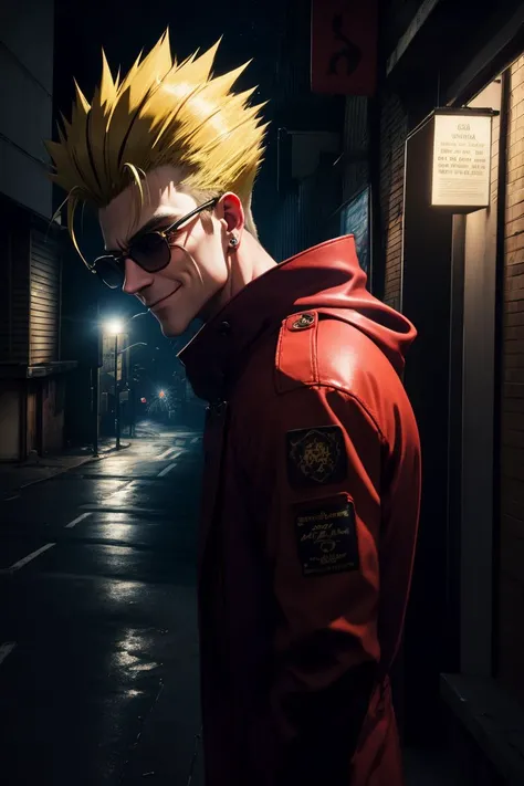 <lora:VashStampede:1>, <lora:LowRA:0.6>, (masterpiece, best quality, ultra-detailed,cinematic scene), extreme detailed,highest detailed, best illumination, 8K,shaded face, ((red coat)), (Vash Stampede), yellow hair, blue eyes glowing, black trousers, yellow eyewear, yellow glasses, circle eyewear, looks at viewer, smirk, sandstorm, deserted city, looks through glasses