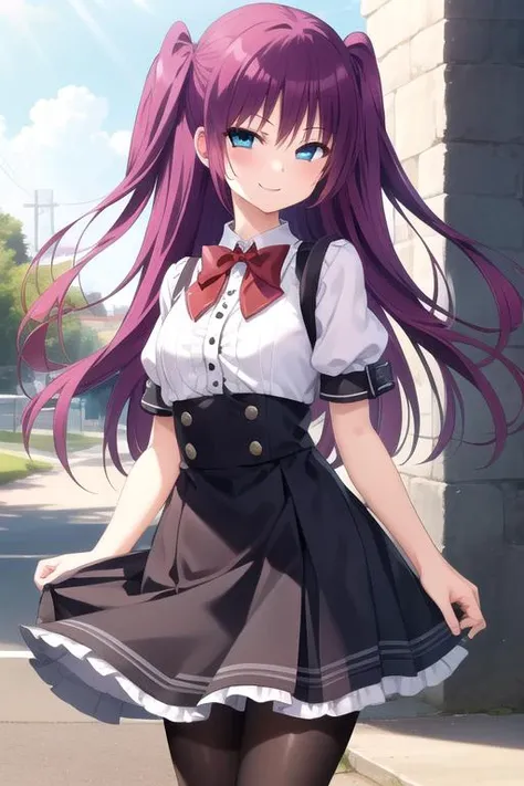 ((masterpiece)),(best quality),official art,extremely delicate and beautiful,extremely detailed CG,unity 8k wallpaper,ultra detailed,beautiful detailed eyes,extremely detailed face,outdoors,1girl,solo,cowboy shot,looking at viewer,facing viewer,smile,(petite:1.2),Ousaka Kanae,long hair,red hair,purple hair,twintails,two side up,blue eyes,school uniform,red bowtie,white shirt,collared shirt,puffy short sleeves,frills,large breasts,high-waist skirt,black skirt,black pantyhose,loafers,<lora:Ousaka Kanae(ig):0.8>,