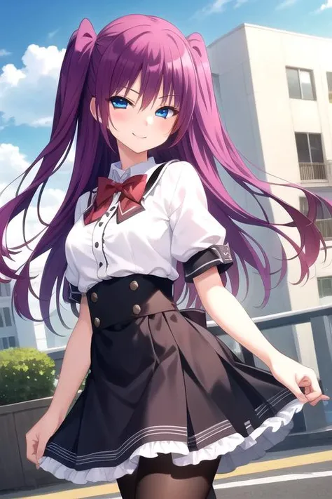 ((masterpiece)),(best quality),official art,extremely delicate and beautiful,extremely detailed CG,unity 8k wallpaper,ultra detailed,beautiful detailed eyes,extremely detailed face,outdoors,1girl,solo,cowboy shot,looking at viewer,facing viewer,smile,(petite:1.2),Ousaka Kanae,long hair,red hair,purple hair,twintails,two side up,blue eyes,school uniform,red bowtie,white shirt,collared shirt,puffy short sleeves,frills,large breasts,high-waist skirt,black skirt,black pantyhose,loafers,<lora:Ousaka Kanae(ig):0.8>,