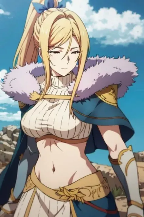 (masterpiece:1.1), hi-res, 4k, photorealistic, <lora:CROW-10:0.8>,CROW,blonde hair, ponytail,Blue shawl,White hand guard, armor