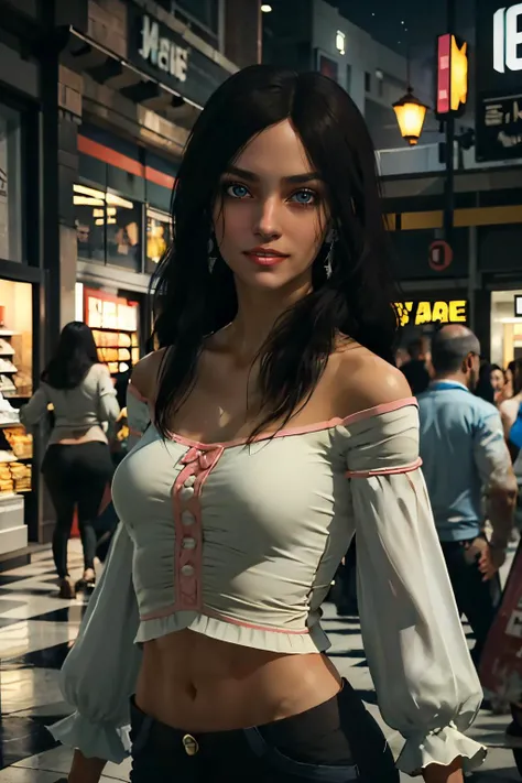 Isabela Keyes, black hair, long hair, jewelry, earrings, shirt, bare shoulders,midriff, pants, looking at viewer, serious,smiling, 
inside a shopping mall, crowd, dark, night, horror, extreme detail, masterpiece,  <lora:IsabelaKeyes:.6>