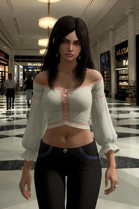 Masterpiece, best quality, intricate details, ultra detailed, 1girl, solo, <lora:IsabelaKeyes:0.6>, Isabela Keyes, black hair, long hair, jewelry, earrings, ring, shirt, bare shoulders, midriff, navel, pants, looking at viewer, facing viewer, cowboy shot, indoors, mall,