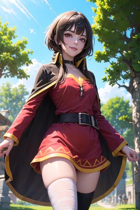 masterpiece, best quality, ultra-detailed, illustration, epic lighting, cinematic composition, <lora:konosubaMegumin_v10:1> 1girl, Megumin, megumin's style, cape, bandaged leg, single thighhigh, solo, (red eyes:1.2), glowing eyes, captivating eyes, brown hair, bangs, cowboy shot, standing, walking, looking at viewer, from below, epic, intense, cinematic, smirk, light smile, trees, nature, (8k:1.1)