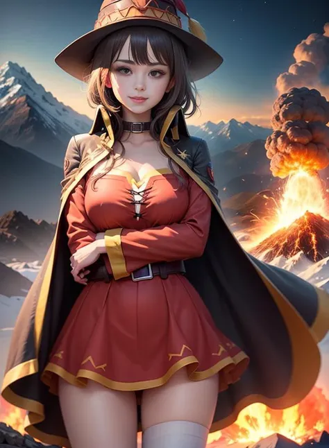 masterpiece, best quality, ultra-detailed, illustration, epic lighting, cinematic composition, <lora:konosubaMegumin_v10:1> 1girl, Megumin, megumin's style, large hat, cape, small breasts, bandaged leg, single thighhigh, solo, (red eyes:1.2), glowing eyes, captivating eyes, brown hair, bangs, cowboy shot, standing, legs apart, crossed arms, looking at viewer, from below, epic, intense, cinematic, (smirk:1.1), light smile, trees, nature, high up, mountain, explosion, destruction, mountain destroyed, shock wave, particle effects, lens flare, rubble, (8k:1.1)